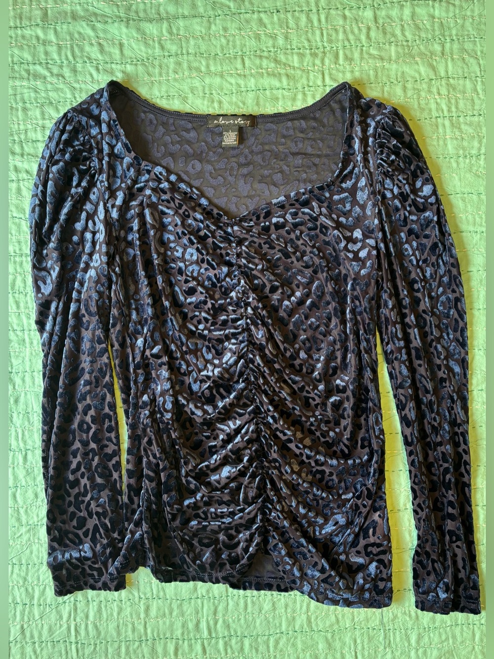 Altar'd State Blue and Black Velvet Leopard Ruched Long-Sleeve Top